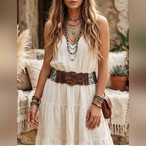 Boho Wood Bead Multi-Strand Wide Belt with Turquoise Accent